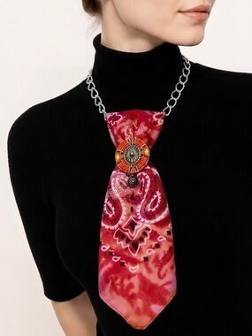 Vintage Style Red Faded Paisley Tie Necklace with Seed Beaded Accent